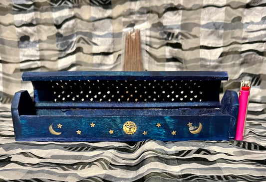 Incense Wooden Coffin Box - Blue or Red Sun, Moon, Stars